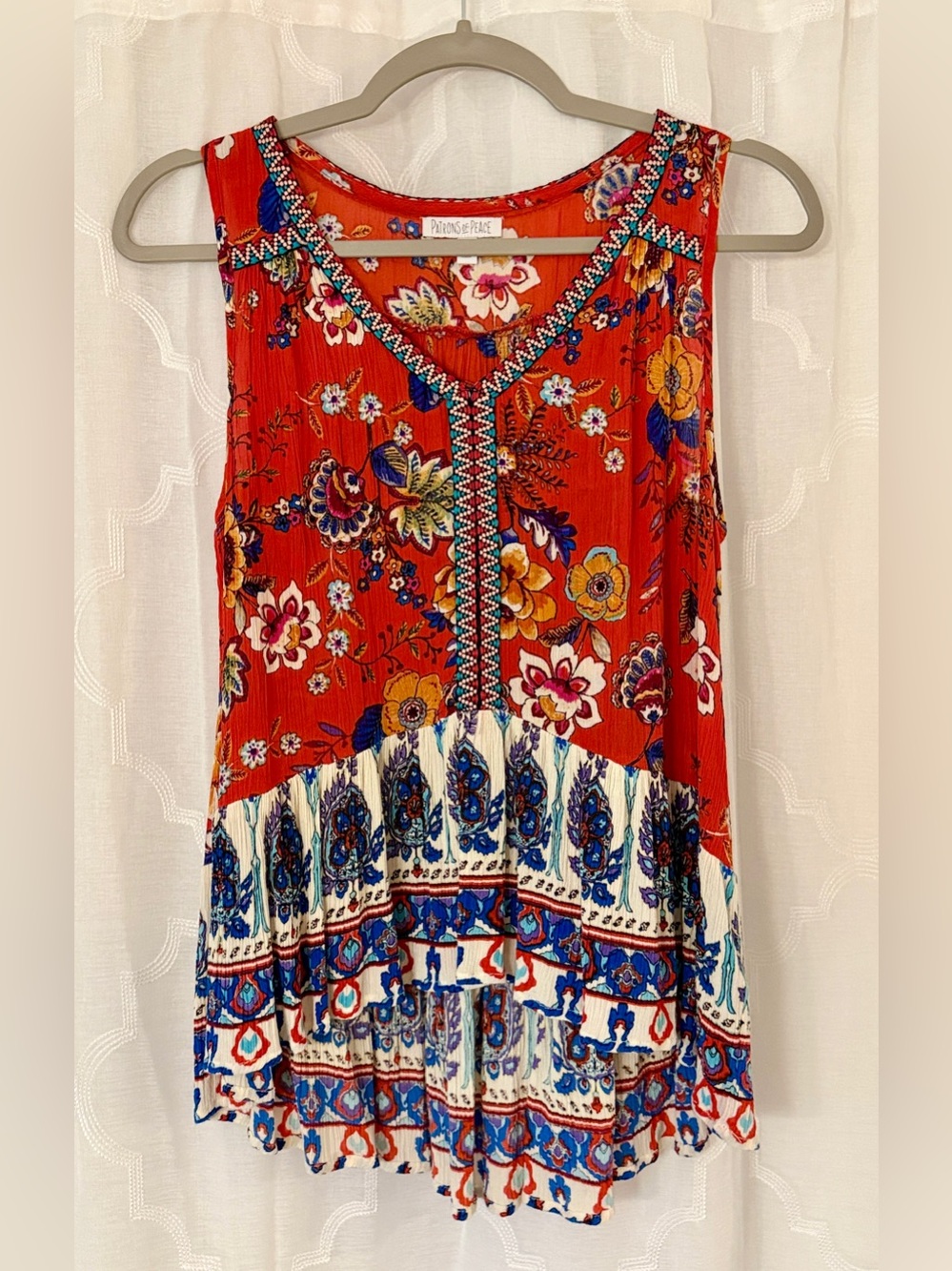 Patrons of Peace Red Floral Border Print Boho Tank Top Small